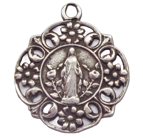 BEAUTIFUL ART NOUVEAU ANTIQUE SILVER MEDAL PENDANT TO HOLY VIRGIN MARY Artefacts Collector