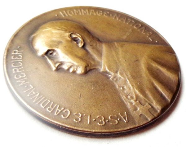 Cardinal Mercier - WWI patriotism & resistance - antique art medal signed artist J. Jourdain