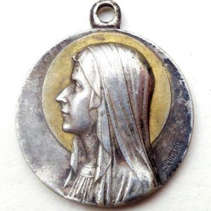 gallery photograph of antique medal to Holy Mary of Lourdes signed Escudero