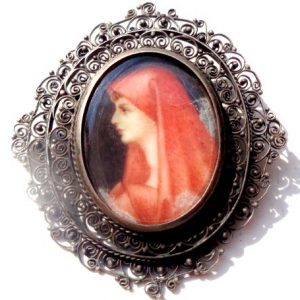 this is for sale : antique silver brooch with handpaint portrait Holy Mary