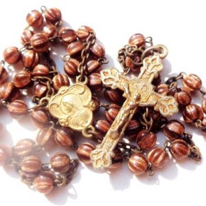 Antique goldstone beads rosary with art nouveau gold wash medal & crucifix