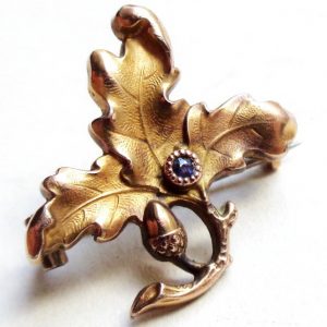 oak leaves & acorn French art nouveau antique goldfilled brooch set with sapphire gem