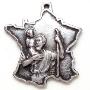 Vintage medal to saint Christopher & Lourdes - France map shaped