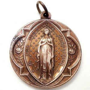 Immaculate Mary & Sacred Heart Jesus antique art medal signed Ludovic Penin
