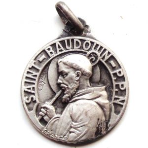 Vintage silver religious charm medal pendant to Saint Baudouin / Baldwin