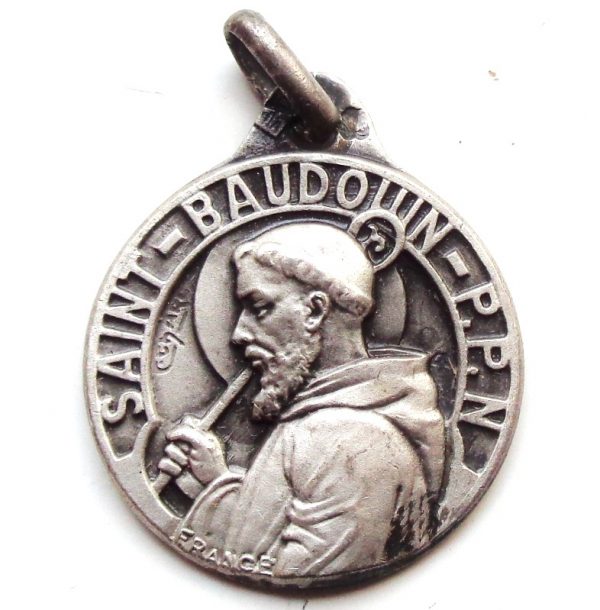 Vintage silver religious charm medal pendant to Saint Baudouin / Baldwin