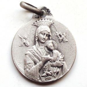 Vintage silver religious charm medal pendant to Saint Gerard Majella & Our Lady of Perpetual Help