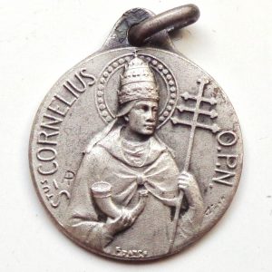 Vintage silver religious charm medal pendant to Saint Cornelius