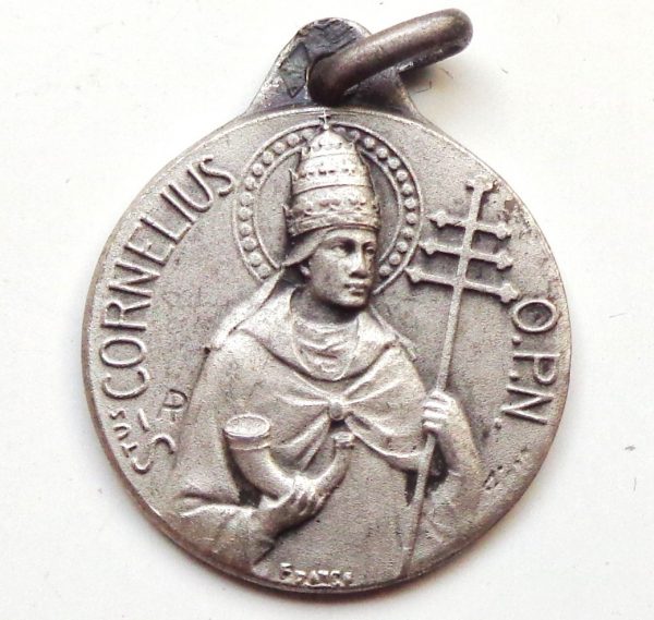 Vintage silver religious charm medal pendant to Saint Cornelius