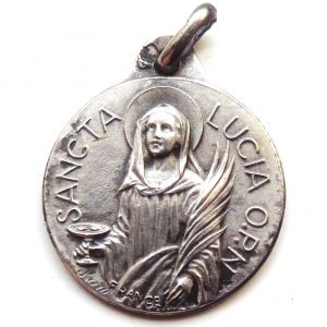 Vintage silver religious charm medal pendant to Saint Lucy