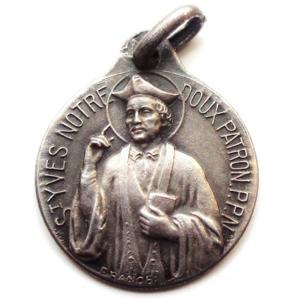 Vintage silver religious charm medal pendant to Saint Ivo