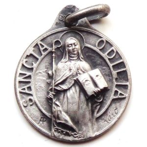 Vintage silver religious charm medal pendant to Saint Odilia