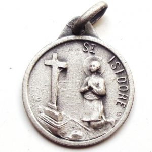 Vintage silver religious charm medal pendant to Saint Isidore