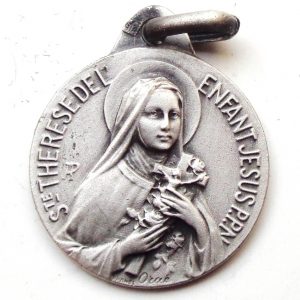 Vintage silver religious charm medal pendant to Saint Therese of Infant Jesus