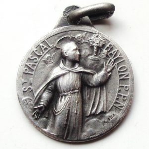 Vintage silver religious charm medal pendant to Saint Paschal