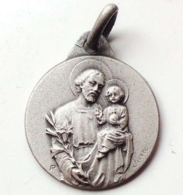 Vintage silver religious charm medal pendant to Saint Joseph