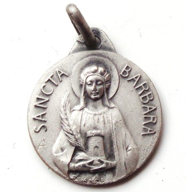 Vintage silver religious charm medal pendant to Saint Barbara