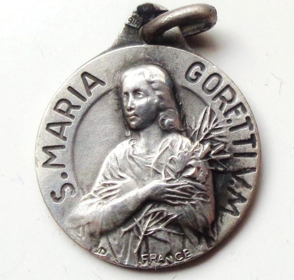 Vintage silver religious charm medal pendant to Saint Maria Goretti