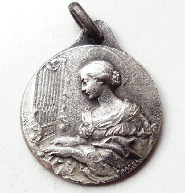 Vintage silver religious charm medal pendant to Saint Cecilia