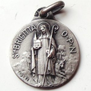 Vintage silver religious charm medal pendant to Saint Brigitta Brigitte Bridget