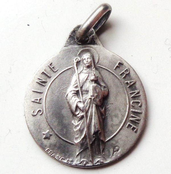 Vintage silver religious charm medal pendant to Saint Francine
