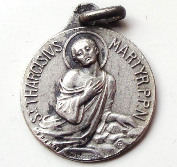Vintage silver religious charm medal pendant to Saint Tarcisius