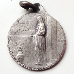 Vintage silver religious charm medal pendant to Saint Genevieve