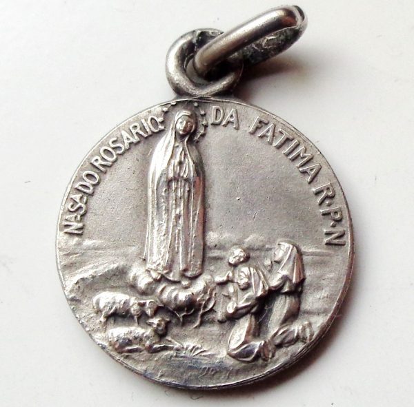 Vintage silver religious charm medal pendant to Our Lady of Fatima & Sacred Heart Jesus