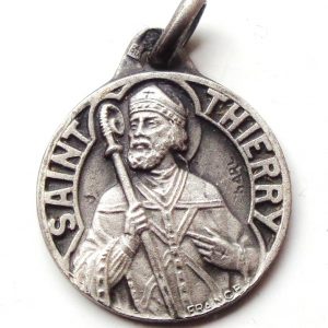 Vintage silver religious charm medal pendant to Saint Thierry