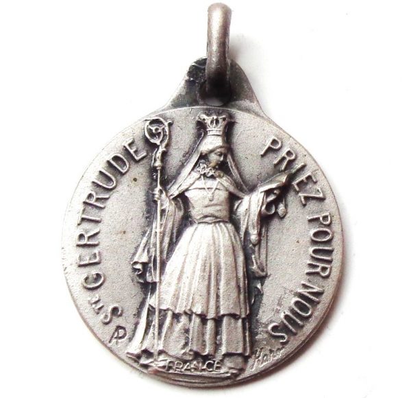 Vintage silver religious charm medal pendant to Saint Gertrude