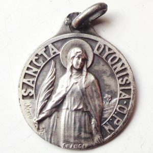 Vintage silver religious charm medal pendant to Saint Denise Dyonisia
