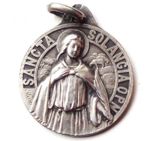 Vintage silver religious charm medal pendant to Saint Solangia