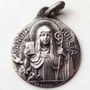 Vintage silver religious charm medal pendant to Saint Colette