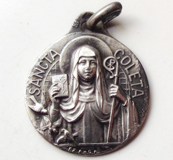 Vintage silver religious charm medal pendant to Saint Colette