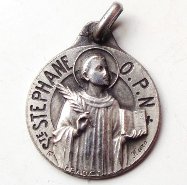 Vintage silver religious charm medal pendant to Saint Stephane Steven Stephen