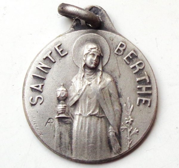 Vintage silver religious charm medal pendant to Saint Berthe