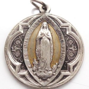 antique medal immaculate mary of lourdes in mandorla & apparition