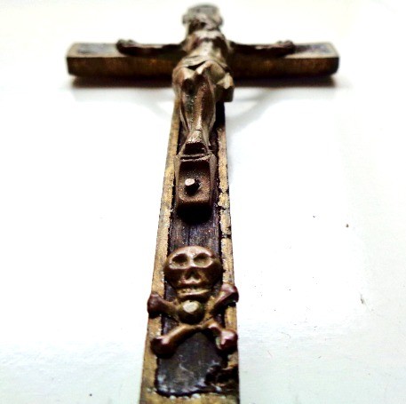 large antique bronze ebony wood crucifix Golgotha skull bones momento mori