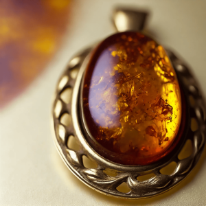 Antique amber pendant set in gold, featuring a rich golden hue with natural inclusions. The pendant is surrounded by intricate gold filigree, showcasing the beauty of amber in antique jewelry.