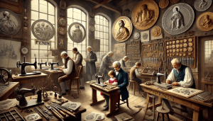 Portrait of the Penin family, famous French medal engravers from Lyon, showcasing several generations of engravers working in an artistic workshop