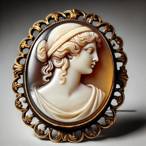 Antique cameo brooch featuring a raised carving of a woman's profile, crafted from a layered gemstone such as agate or shell, set in an ornate gold frame.