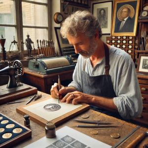 Paul-Marcel Dammann, a middle-aged man, engraving a commemorative medal in his workshop