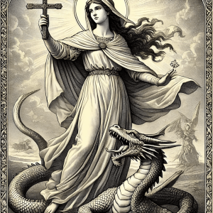 Saint Margaret of Antioch standing triumphantly over a dragon, holding a cross.