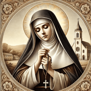 Saint Margaret of Hungary, depicted as a nun holding a rosary, with a serene expression of prayer and devotion.