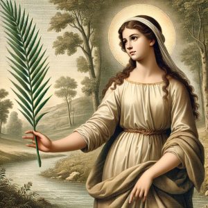 Saint Margaret of Louvain holding a palm branch, symbolizing her martyrdom, with a serene background of nature.