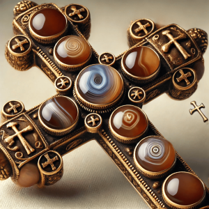 Antique religious cross adorned with banded agate gemstones, set in gold with intricate medieval-style carvings. The agates symbolize protection and grounding, reflecting their use in religious orfèvrerie.