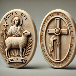 Agnus Dei wax medallion with both sides visible: one featuring the Lamb of God and the other displaying a saint.