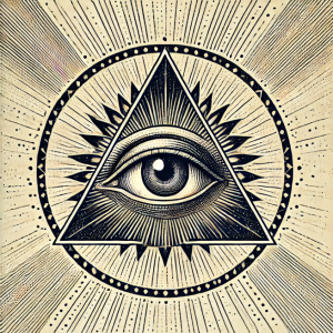 A detailed illustration of the All-Seeing Eye enclosed in a triangle, surrounded by rays of light, symbolizing divine watchfulness and spiritual protection.