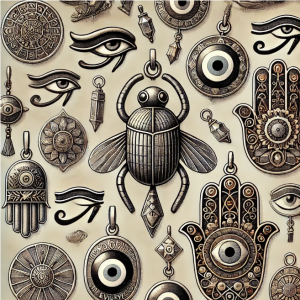 A detailed illustration of various amulets from different cultures, including the Egyptian scarab, Hamsa hand, Nazar (evil eye), and religious medals.