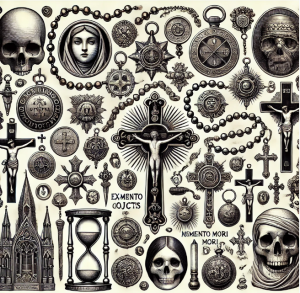 Illustration of religious and symbolic artefacts including medals, reliquaries, amulets, talismans, rosaries, jewelry, ex-votos, memento mori, and crucifixes.